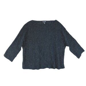 Eileen Fisher Black Metallic Knit Sweater Crew Neck Top 3/4 Sleeve Merino Wool M